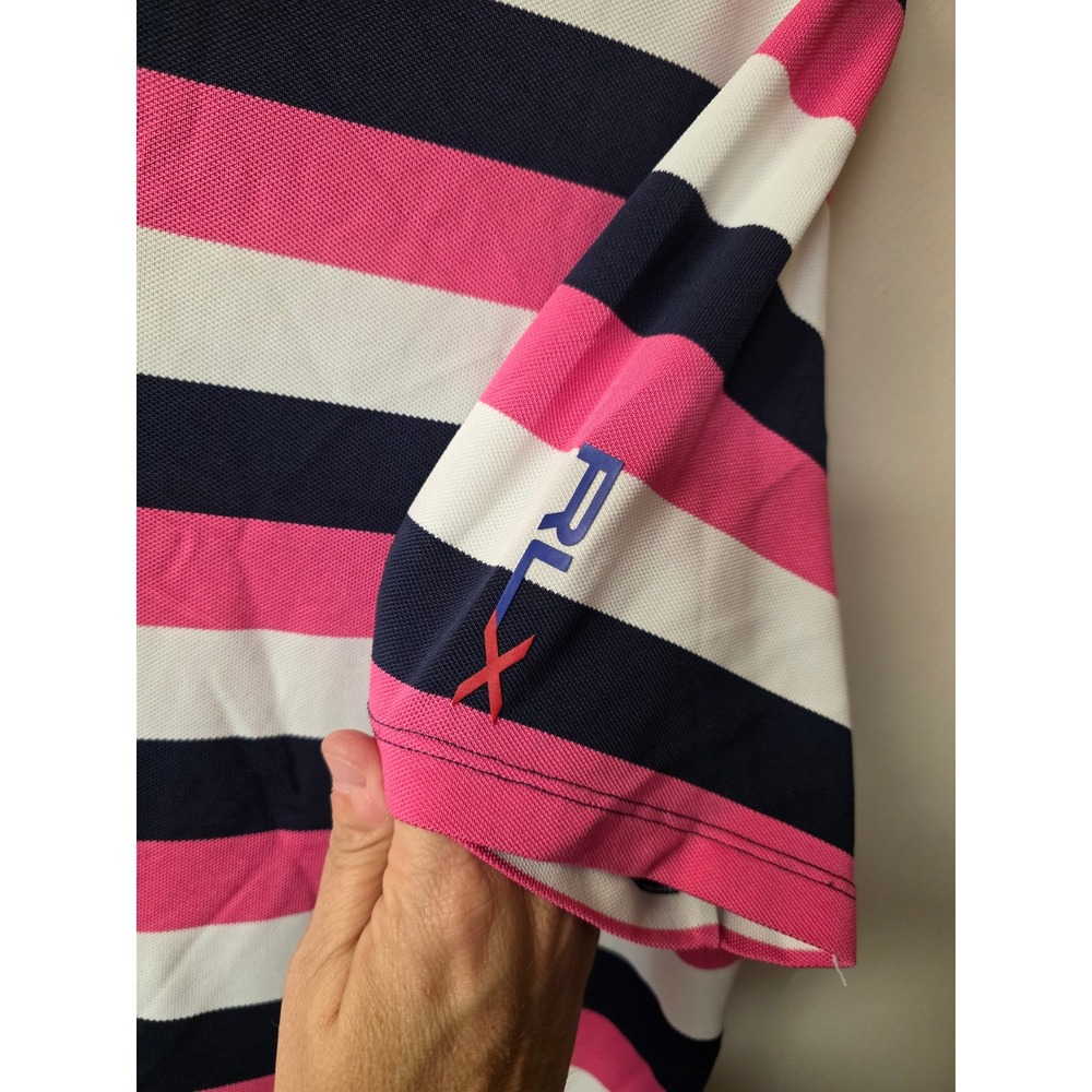 RLX Ralph Lauren Mens Striped Polo Shirt Pink Navy Blue White Performance M - Picture 4 of 5